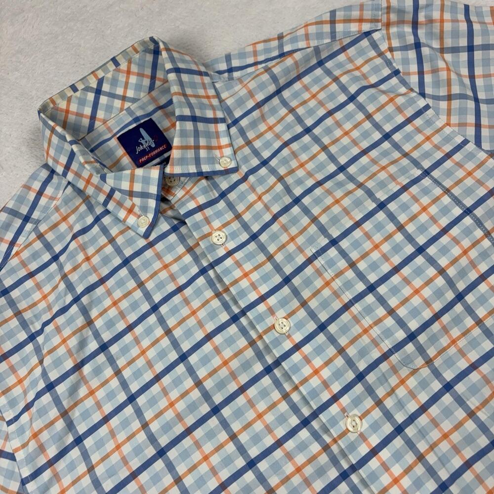 Johnnie-O Button Up Shirt Men M Blue Orange Plaid Long Sleeve Lightweight